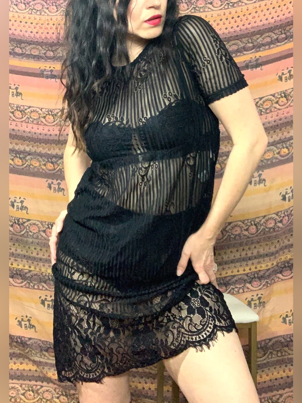 Zara Trafaluc Black Lace Ribbed Midi Dress